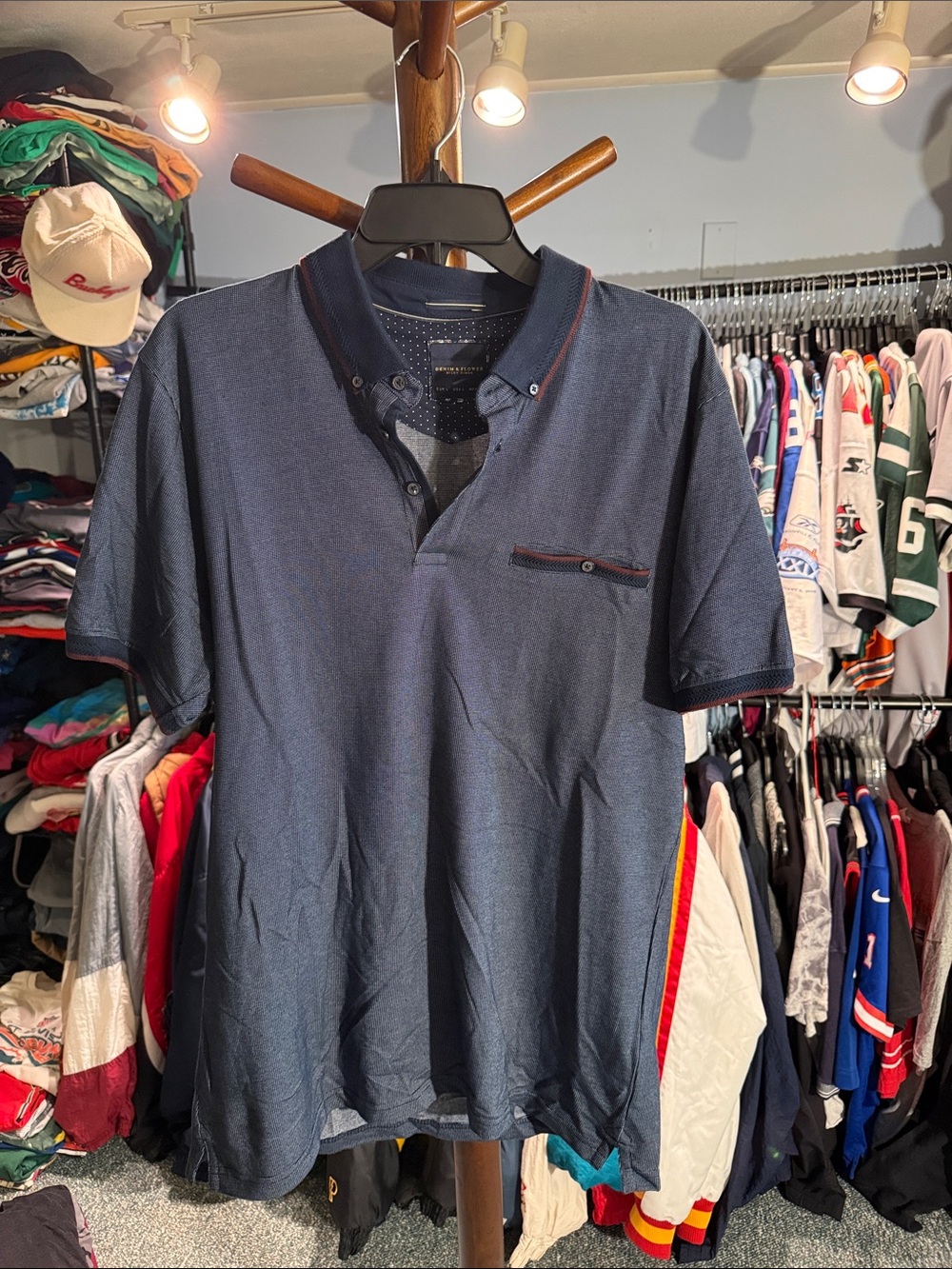 Denim & Flower Navy Polo with Subtle Red Trim